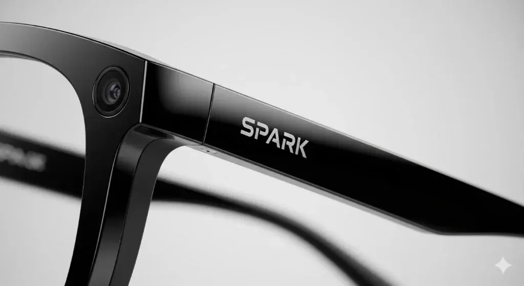 Close-up of Spark glasses temple showing camera and SPARK branding