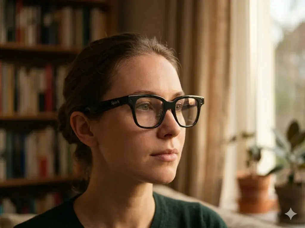 Person wearing Spark glasses at home